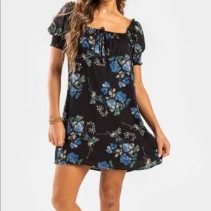 Black & Blue Flowered Dress Off Shoulder Blue Rain